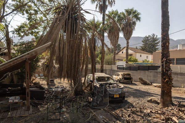 Charred vehicles stand on the side of a road under trees with dying leaves.