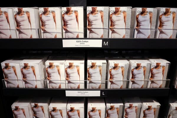 A Calvin Klein store showcase displaying boxes of underwear.  