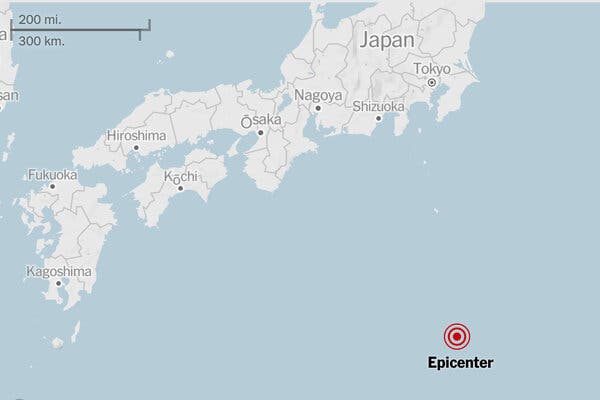 A map of islands with the word “epicenter” and a red bull's-eye in the lower right corner.