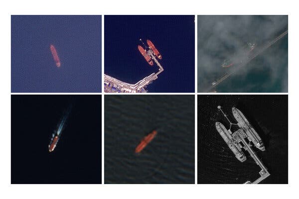 A grid of six photos, each with an aerial view of a large ship in an ocean.