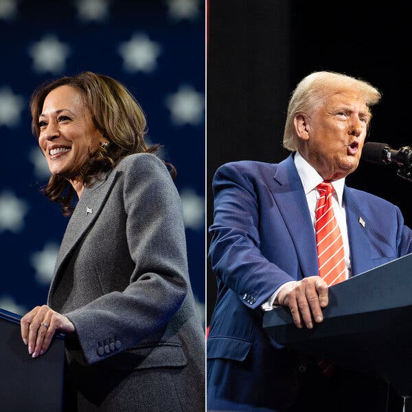 Two side-by-side images. Vice President Kamala Harris is on the left, and Donald Trump is on the right.