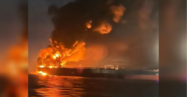 A Russian shadow fleet tanker transporting gas to China caught fire in the Mediterranean Sea after a suspected drone attack, media reports.