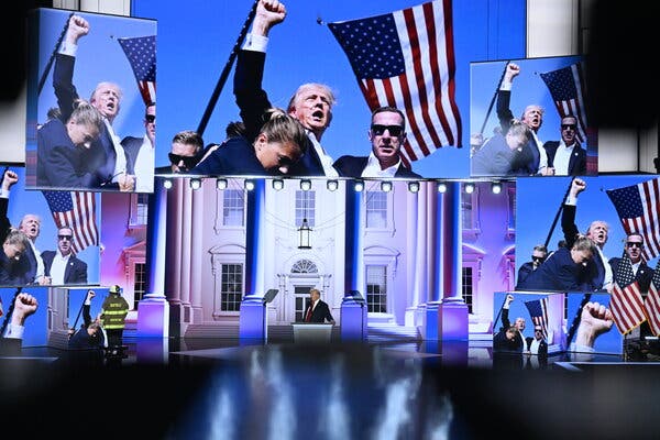 Images of Donald Trump with a bloodied ear and raised fist surround Mr. Trump standing at a lectern.